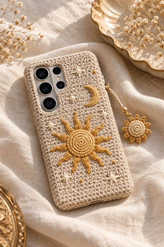 KI-Konzept einer gehäkelten Handyhülle mit dem Motiv Sonne im Boho-Stil für Samsung Galaxy S25 Ultra