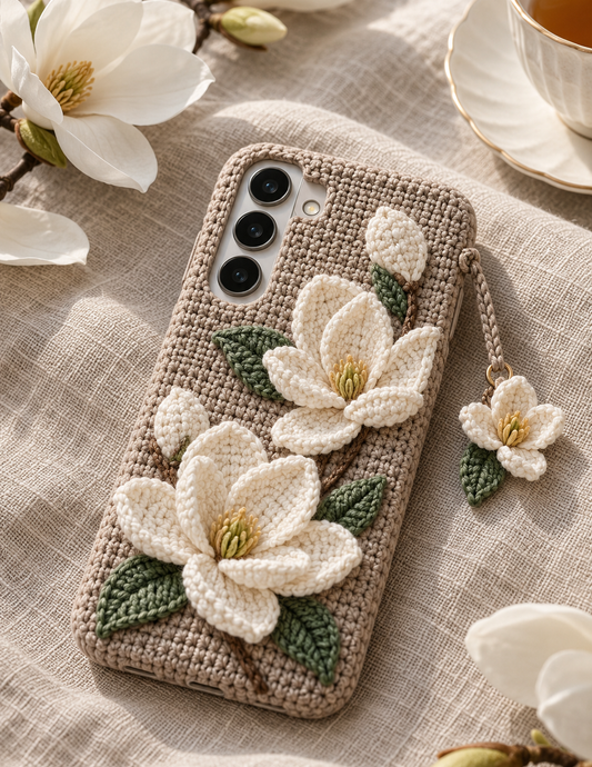 KI-Konzept einer gehäkelten Handyhülle mit dem Motiv Magnolienzweig für Samsung Galaxy S25