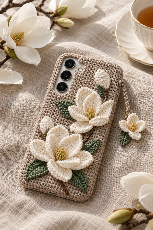 KI-Konzept einer gehäkelten Handyhülle mit dem Motiv Magnolienzweig für Samsung Galaxy S25
