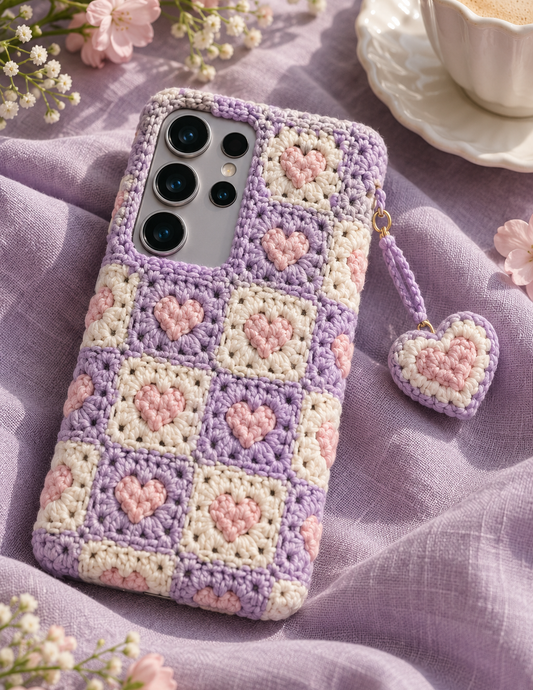 KI-Konzept einer gehäkelten Handyhülle mit dem Motiv Herz-Granny in Flieder für Samsung Galaxy S25 Ultra