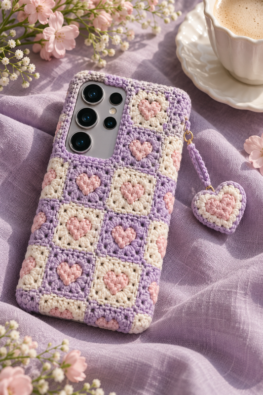 KI-Konzept einer gehäkelten Handyhülle mit dem Motiv Herz-Granny in Flieder für Samsung Galaxy S25 Ultra