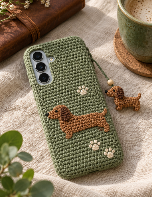 KI-Konzept einer gehäkelten Handyhülle mit dem Motiv Kleiner Dackel für Samsung Galaxy S25