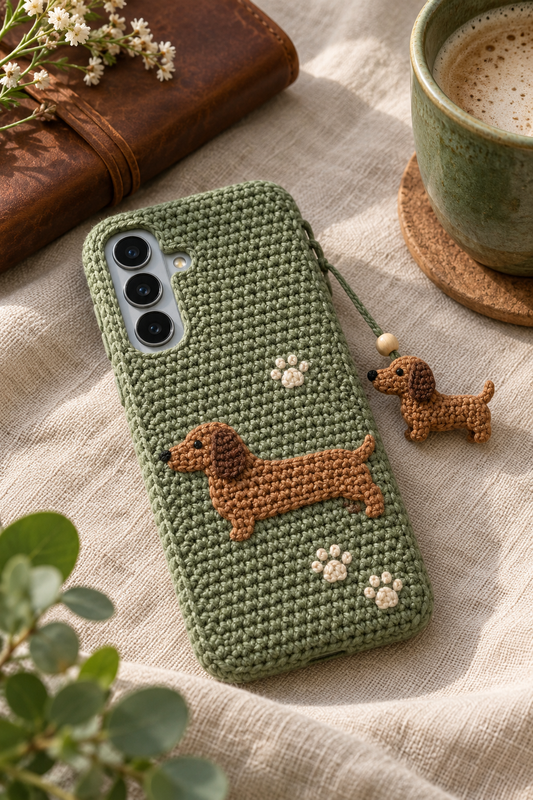 KI-Konzept einer gehäkelten Handyhülle mit dem Motiv Kleiner Dackel für Samsung Galaxy S25