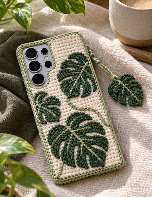 KI-Konzept einer gehäkelten Handyhülle mit dem Motiv Monstera-Blätter für Samsung Galaxy S25 Ultra