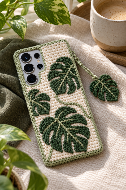 KI-Konzept einer gehäkelten Handyhülle mit dem Motiv Monstera-Blätter für Samsung Galaxy S25 Ultra