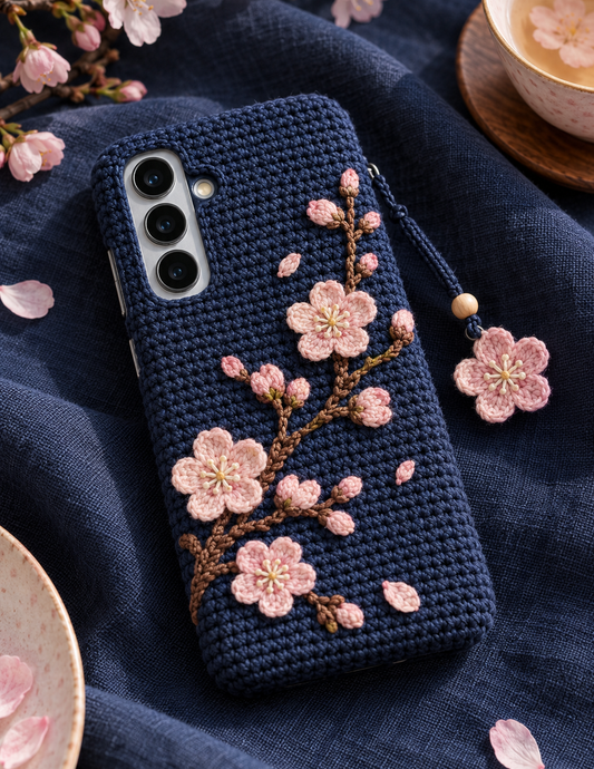 KI-Konzept einer gehäkelten Handyhülle mit dem Motiv Japanische Kirschblüten für Samsung Galaxy S25