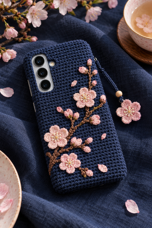 KI-Konzept einer gehäkelten Handyhülle mit dem Motiv Japanische Kirschblüten für Samsung Galaxy S25