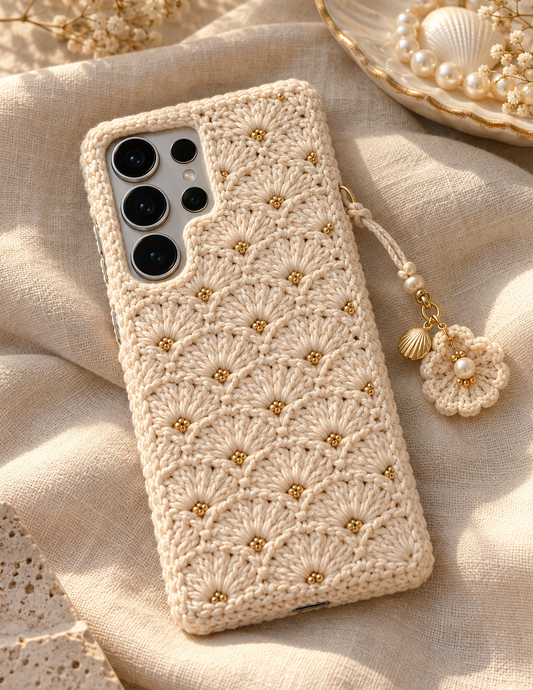 KI-Konzept einer gehäkelten Handyhülle mit dem Motiv Muschelmuster in Champagner für Samsung Galaxy S25 Ultra