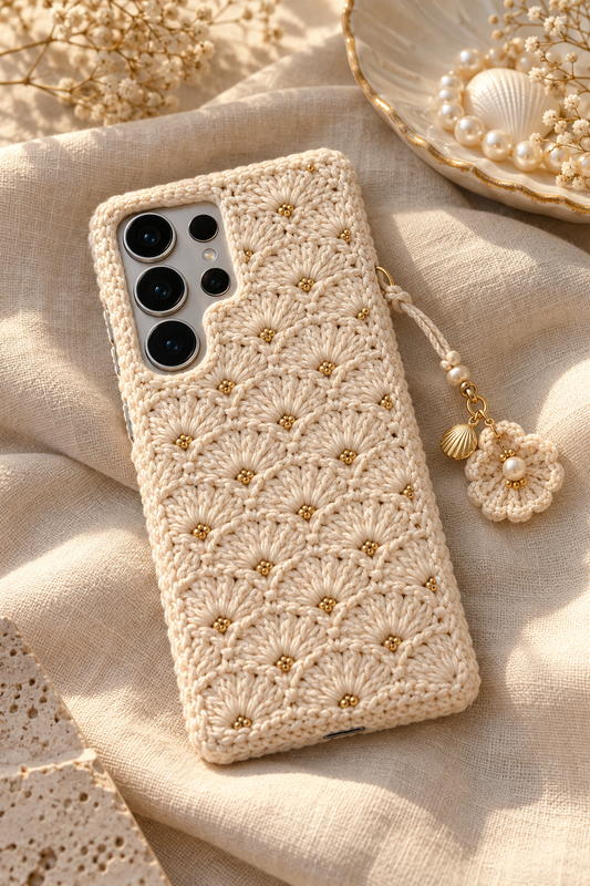 KI-Konzept einer gehäkelten Handyhülle mit dem Motiv Muschelmuster in Champagner für Samsung Galaxy S25 Ultra